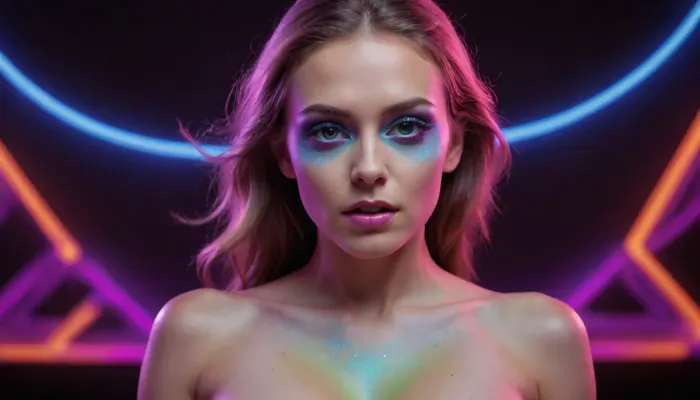 The environment is almost completely dark, illuminated by a carefully controlled combination of ultraviolet blacklight, deep violet atmospheric light, narrow laser beams, reflected light from metallic surfaces, and subtle fluorescent materials. UV-reactive makeup and body artwork should fluoresce dramatically under the blacklight. Fluorescent cyan, electric blue, violet, acid yellow-green, emerald, hot pink, magenta, orange, (((whole naked body view))), text, logo, <lora:dvr-ftl:.8>, (league, of, legends\)