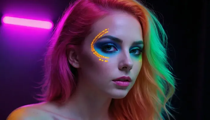 The environment is almost completely dark, illuminated by a carefully controlled combination of ultraviolet blacklight, deep violet atmospheric light, narrow laser beams, reflected light from metallic surfaces, and subtle fluorescent materials. UV-reactive makeup and body artwork should fluoresce dramatically under the blacklight. Fluorescent cyan, electric blue, violet, acid yellow-green, emerald, hot pink, magenta, orange