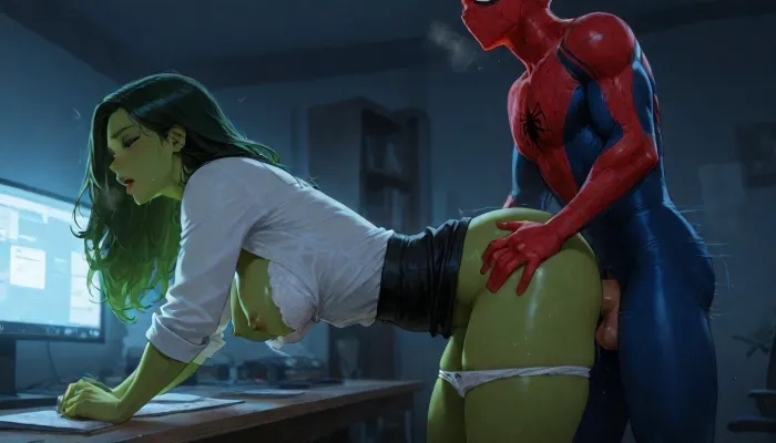 (Marvel), (MCU), (She-Hulk), (Spider-man), (small man, large female), (Late at night), (after hours), (blue hour), 1girl, 1man, perfect face, beautiful, office, white cotton bra one breast exposed, moist white cotton knickers pulled to side, unbuttoned white shirt, black pencil skirt lifted, perky medium breasts, hourglass figure, incredible legs, moaning, bent over desk, (faint glow from monitor screen illuminating her, side glow), bouncing breasts, (sex from behind), shot with a Leica M10 Summilux 50mm f/1.4, lifelike colors, (muscular, small male, spider-man suit, exposed testiculars and Penis), from marvel