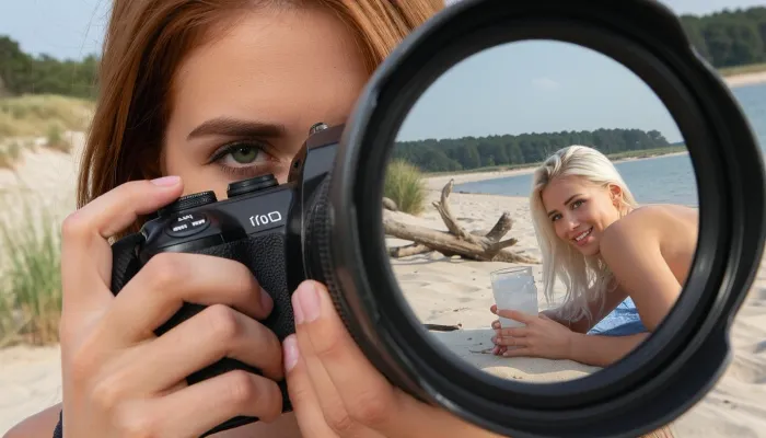 Close-up cinematic photorealistic portrait of Alma, a stylish young Scandinavian woman in her late twenties, holding a professional mirrorless camera up to her face, finger resting on the shutter button, ready to take the picture. Alma has redhead hair, deep green eyes, lightly tanned skin, strong brows, and a calm, confident, slightly androgynous elegance. One of her green eyes is clearly visible beside the camera, sharp and focused, looking at Freja with quiet affection. The composition is a tight close-up, with Alma’s hands, camera body, and large lens dominating the foreground. Natural skin texture, realistic hands, intimate documentary photography style, photorealistic.

In the reflection of the large camera lens, clearly visible and sharply defined, is Freja, the woman Alma is photographing. Freja is a beautiful young Scandinavian woman in her mid-twenties with platinuim blonde hair, stricking blue eyes, and a feminine, flirtatious presence. She is lying on the sand at Moesgaard Strand near Aarhus on a warm summer day, turned slightly over her shoulder toward Alma. Freja is naked, a view perfect for a romantic beach photoshoot. She holds a cold refreshing drink with ice and condensation on the glass, smiling flirtatiously and warmly toward Alma with playful romantic eye contact.

The reflected background shows Moesgaard Strand, pale sand, beach grass, driftwood, calm water, distant green forested coastline, soft summer sky, warm sunlight, relaxed Danish seaside atmosphere. The mood is intimate, romantic, subtly sapphic, and natural, like a private photoshoot between two women who know each other deeply. Shallow depth of field, realistic optical lens reflection, cinematic composition, high detail, natural colors, warm summer daylight, editorial photography style, 85mm lens look.