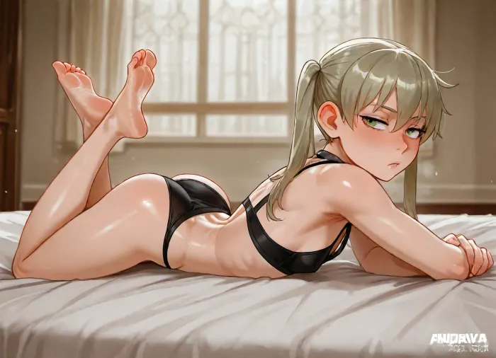 (Andava:1.5), (Maka Albarn, (young), (petite:1.5), underwear), solo, laying on stomach, back arched, feet crossed