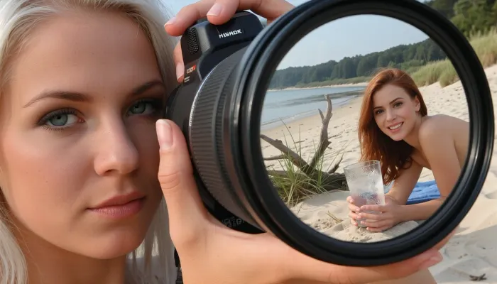 Close-up cinematic photorealistic portrait of Alma, a stylish young Scandinavian woman in her late twenties, holding a professional mirrorless camera up to her face, finger resting on the shutter button, ready to take the picture. Alma has platinuim blonde hair, striking blue eyes, lightly tanned skin, strong brows, and a calm, confident, slightly androgynous elegance. One of her green eyes is clearly visible beside the camera, sharp and focused, looking at Freja with quiet affection. The composition is a tight close-up, with Alma’s hands, camera body, and large lens dominating the foreground. Natural skin texture, realistic hands, intimate documentary photography style, photorealistic.

In the reflection of the large camera lens, clearly visible and sharply defined, is Freja, the woman Alma is photographing. Freja is a beautiful young Scandinavian woman in her mid-twenties with redhead hair, fair skin, deep green eyes, and a feminine, flirtatious presence. She is lying on the sand at Moesgaard Strand near Aarhus on a warm summer day, turned slightly over her shoulder toward Alma. Freja is naked, a view perfect for a romantic beach photoshoot. She holds a cold refreshing drink with ice and condensation on the glass, smiling flirtatiously and warmly toward Alma with playful romantic eye contact.

The reflected background shows Moesgaard Strand, pale sand, beach grass, driftwood, calm water, distant green forested coastline, soft summer sky, warm sunlight, relaxed Danish seaside atmosphere. The mood is intimate, romantic, subtly sapphic, and natural, like a private photoshoot between two women who know each other deeply. Shallow depth of field, realistic optical lens reflection, cinematic composition, high detail, natural colors, warm summer daylight, editorial photography style, 85mm lens look.
