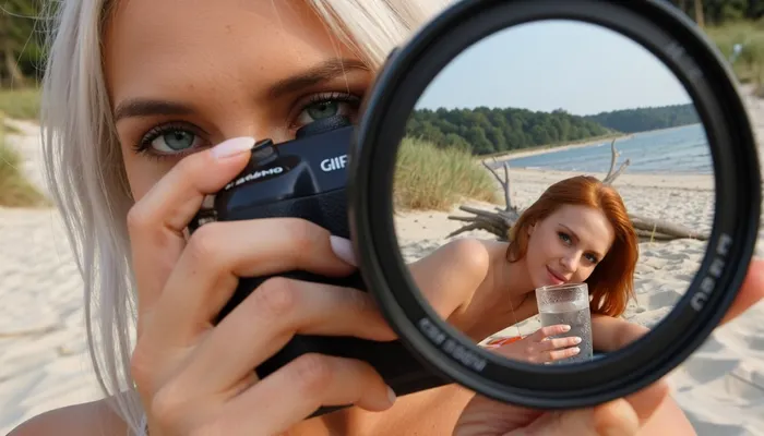 Close-up cinematic photorealistic portrait of Alma, a stylish young Scandinavian woman in her late twenties, holding a professional mirrorless camera up to her face, finger resting on the shutter button, ready to take the picture. Alma has platinuim blonde hair, striking blue eyes, lightly tanned skin, strong brows, and a calm, confident, slightly androgynous elegance. One of her green eyes is clearly visible beside the camera, sharp and focused, looking at Freja with quiet affection. The composition is a tight close-up, with Alma’s hands, camera body, and large lens dominating the foreground. Natural skin texture, realistic hands, intimate documentary photography style, photorealistic.

In the reflection of the large camera lens, clearly visible and sharply defined, is Freja, the woman Alma is photographing. Freja is a beautiful young Scandinavian woman in her mid-twenties with redhead hair, fair skin, deep green eyes, and a feminine, flirtatious presence. She is lying on the sand at Moesgaard Strand near Aarhus on a warm summer day, turned slightly over her shoulder toward Alma. Freja is naked, a view perfect for a romantic beach photoshoot. She holds a cold refreshing drink with ice and condensation on the glass, smiling flirtatiously and warmly toward Alma with playful romantic eye contact.

The reflected background shows Moesgaard Strand, pale sand, beach grass, driftwood, calm water, distant green forested coastline, soft summer sky, warm sunlight, relaxed Danish seaside atmosphere. The mood is intimate, romantic, subtly sapphic, and natural, like a private photoshoot between two women who know each other deeply. Shallow depth of field, realistic optical lens reflection, cinematic composition, high detail, natural colors, warm summer daylight, editorial photography style, 85mm lens look.