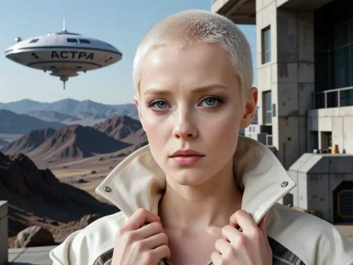 A film poster in the style of the cult Soviet science fiction film from 1980, *Through Thorns to the Stars*. At the centre of the composition is a close-up of the alien Nia — an artificial human, a young woman with very short, platinum-blonde hair sticking out in all directions. She has pale skin bathed in soft light, large, expressive eyes, a serious expression on her face, and she is looking straight into the camera. She is wearing a light-coloured jacket with a high stand-up collar, both hands are raised to her neck, holding the collar on either side, whilst her fingers are rendered in detail and look natural. In the background is a pale blue sky above the desolate, rocky mountain landscape of the planet Dessa, with its stony slopes and plains. In the background, to one side in the sky, a disc-shaped environmental aid spacecraft, (‘wastewater treatment vessel’), is visible, with the word ‘ASTRA’ in large letters on its hull and orange lights on its underside. On the other side, in the distance, a multi-storey research building is visible, featuring windows, antennas and technical structures. Soft, dramatic cinematic lighting emphasising the face and collar, high photorealism styled after a Soviet science fiction poster from the 1980s, and ultra-detailed rendering — a true masterpiece.