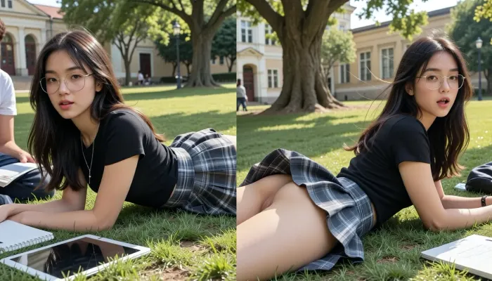 masterpiece, best quality, photorealistic candid smartphone photograph, Split, side-by-side diptych, two consecutive moments of the same east asian girl lying prone on her stomach on a sunny university campus lawn, upper body slightly raised and supported by her forearms, legs extended behind her and slightly bent, natural relaxed posture, long dark brown hair with subtle highlights, wispy bangs, thin-framed glasses, fitted black short-sleeve top, short gray plaid pleated skirt, silver necklace, tablet and notebook on the grass in front of her, another student sitting nearby, green lawn, mature trees, university buildings in the background, warm afternoon sunlight, realistic skin texture, natural body proportions, authentic fabric physics, candid photography, low ground-level side view

LEFT PANEL, side view the girl remains lying prone on her stomach, supporting her upper body with her forearms, one hand holding the hem of her plaid skirt down against a gentle breeze, skirt naturally covering her hips and upper thighs, casual expression, realistic fabric folds.

RIGHT PANEL, side view the same girl in exactly the same lying prone on her stomach position, a sudden gust of wind lifts and flares her pleated plaid skirt upward, exposed ass, dynamic natural fabric movement, surprised candid reaction, opaque underwear remains visible, realistic wind direction and fabric motion, same camera position and framing as the left panel.