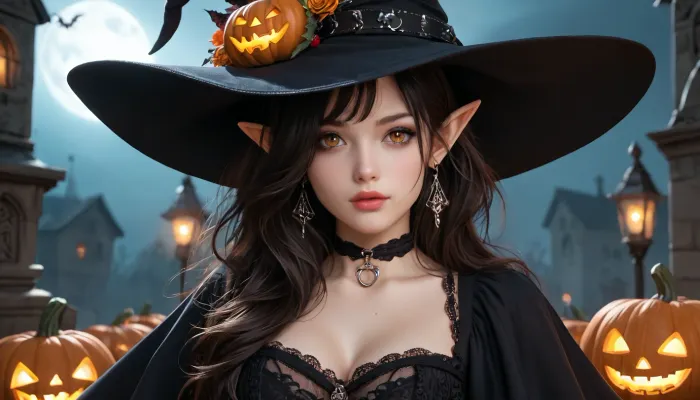 Beathtakingly beautiful adult female elf witch, beside an ancient gravestone in a mysterious abandoned Gothic cemetery at night.
Pumpkins, halloween, scary

A beautiful young woman, approximately 20 years old, pale skin, warm amber-brown eyes, full lips, soft feminine facial features, long dark black hair with layered framing strands and windswept volume. She wears a witch dress and witch hat. A black choker circles her neck, and two ornate silver talismans hang from delicate chains across her chest.
Subtle visible cleavage. Cinematic dark fantasy aesthetic, realistic proportions, highly detailed skin, natural facial features, realistic eyes, makeup.