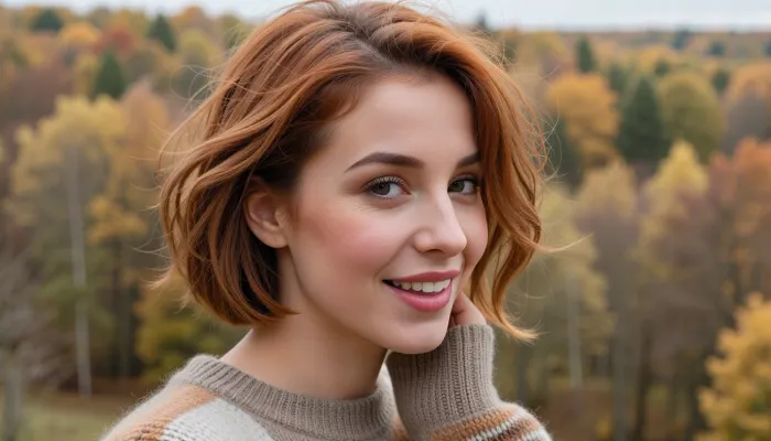 Closeup candid snapshot of a self-conscious mid-twenties woman posing shyly overlooking idyllic autumn forest panorama.

She wears a stylish sweater in neutral earthy-tones.

Her bobcut hair is styled in voluminous textured layers with a sultry copper-auburn hair color in a tousled swept-back look.

Cheeks flushed as she blushes prettily in the cool air, her luscious soft lips quirked in a sheepish lopsided grin revealing her adorable overbite, side-eye glance as she looks away bashfully. The photo is an amateur showcase of a handsome girl-next-door esthetic creating non-conventional beauty and charm. Natural skin complexion and hair texture in an unprocessed RAW photo.
