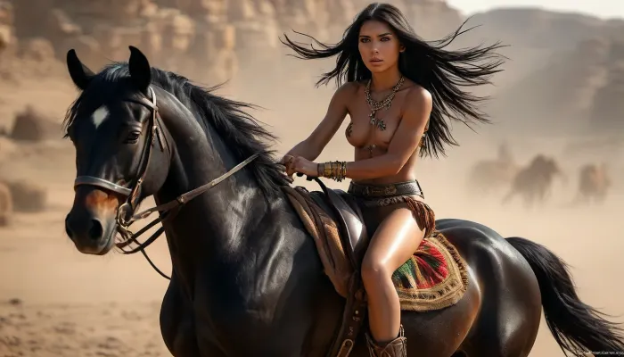 ((reiq style:1.4)), ((Ultimate realistic, cinematic photo, 8k, ultra detailed, masterpiece)), (((4/4 body shot))), ((Wild West Art, Wild West setting)), (((highly colorful Ultra realistic shot, 8k, realistic picture of a slightly nude beautiful american native princess, 22years old Lana Ratschuk as lakota warrior princess with small bell shaped breasts, 1 eagle feather in her hair, wearing only loincloth, topless, beautiful athletic body and beautiful slender long legs, mounted riding on a powerful wild racing black stallion, raven black))), ((horse has typical native war-paintings:1.6)), ((raven black horse:1.8)), ((in her raised hand an old spencer-carbine:1.6)), Long black hair, athletic figur, small waist, small tight ass, small tight hips, abs, (hard round ass), slender long legs, beautiful sexy and athletic girl, ultra perfect eyes, ultra detailed eyes, perfect face, fresh face, brown colored eyes, detailed face, detailed hair, detailed body, detailed skin, detailed breasts, high definition, perfect artificial lighting, ultimate realism, ((dynamic action shot)), ((side view)), ((far distance view)), (((focus on feet:1.8))), rich warm tones, dynamic composition, at full gallop, wind and dust visible, dusty, in the American Wild West, masterpiece, perfect horse anatomy, High, Resolution, More, Details, 8K, but, <lora:MJ52:.8>, <lora:add-detail-xl:1>, <lora:BUT_SDXL_SHS:1.4>