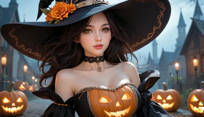 Beathtakingly adult female elf witch
Pumpkins, halloween, A beautiful young woman, approximately 20 years old, pale skin, warm amber-brown eyes, full lips, soft feminine facial features, long dark black hair with layered framing strands and windswept volume. She wears a witch clothes and witch hat. A black choker circles her neck, and two ornate silver talismans hang from delicate chains across her chest.
Subtle cleavage. realistic proportions, highly detailed skin, natural facial features, realistic eyes, makeup.