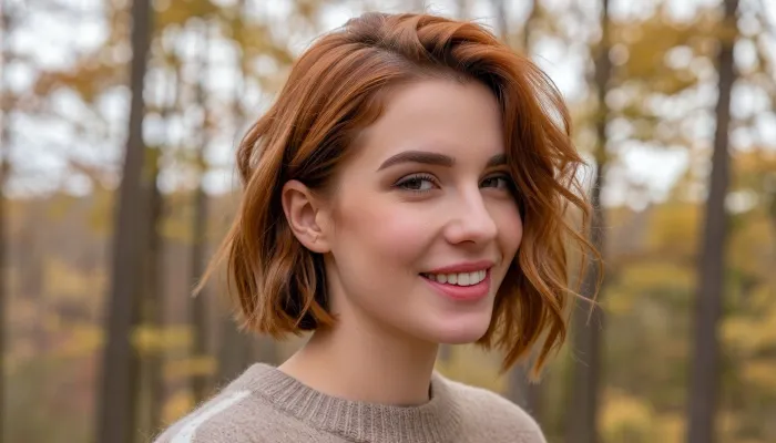 Closeup candid snapshot of a self-conscious mid-twenties woman posing shyly overlooking idyllic autumn forest panorama.

She wears a stylish sweater in neutral earthy-tones.

Her bobcut hair is styled in voluminous textured layers with a sultry copper-auburn hair color in a tousled swept-back look.

Cheeks flushed as she blushes prettily in the cool air, her luscious soft lips quirked in a sheepish lopsided grin revealing her adorable overbite, side-eye glance as she looks away bashfully. The photo is an amateur showcase of a handsome girl-next-door esthetic creating non-conventional beauty and charm. Natural skin complexion and hair texture in an unprocessed RAW photo.