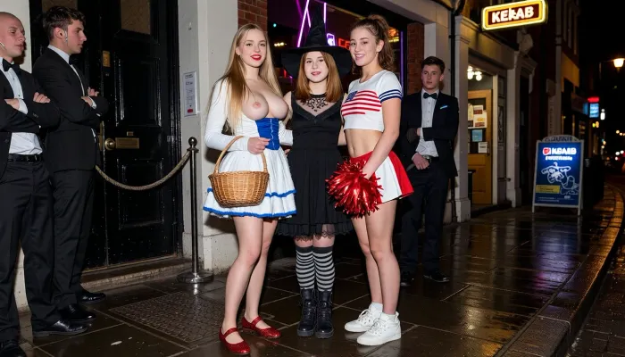 Ultra realistic photograph, 35mm lens with direct flash, night, straight-on street view. THREE YOUNG WOMEN, 18 to 19 years old, all fully visible head to toe, standing outside the entrance of a nightclub on an English high street — a black door with a rope barrier, wet paving, a kebab shop glowing nearby, a neon club sign, a taxi rank at the edge of frame. Behind them at the door stand TWO BOUNCERS in black suits and white shirts, earpieces in, arms folded, watching the street. The three girls are fully dressed in different Halloween fancy-dress outfits, ordinary natural bodies, (no glamour retouching.
LEFT:18), tall and slim, big C-cup natural chest, long straight blonde hair, pale English skin, round cute face, wearing a snowy white costume — a white and blue dress, red glittering shoes, holding a wicker basket, (red lipstick.
CENTRE:19), petite and slight with a naturally tiny flat chest, straight gingery-auburn hair to her shoulders, pale freckled skin, sharp little face, wearing a witch costume — a black dress with a lace collar, striped tights, a pointed hat, (chunky boots.
RIGHT:18), average height with a soft curvy build, huge boobs, long dark-brown wavy hair, tied up tight, pale skin, wearing a cheerleader costume — a white T-shirt with USA flag print, white trainers, holding pompoms, red white miniskirt, heavy makeup put on quickly and smudged.
All three standing together laughing, arms linked, cheap supermarket costumes that fit properly, plastic accessories, drinks in hand. Harsh direct flash on their skin, cold streetlight and neon behind, wet reflective pavement. Real skin texture, visible pores, natural uneven skin tone, honest faces, ultra detailed, sharp focus, gritty documentary nightlife realism, 8k.