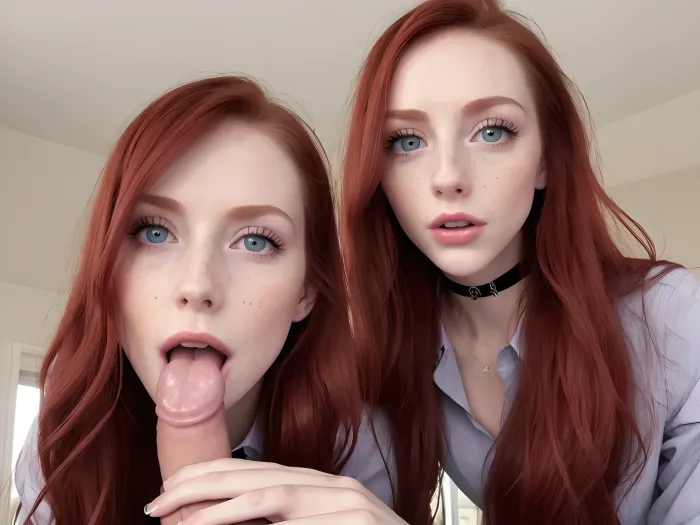 30 years old girl, long red hair, office skirt and shirt, finely detailed, 8k wallpaper, studio lighting, intense stare, symmetrical eyes, symmetrical pupils, detailed eyes, grey eyes, big eyes, wide eyes, thin cheeks, same eye shape, face, freckles, background in car, symetrical, spread legs, beautiful nose, beautiful cheekbones, wide cheekbones, blushing, looking at viewer from below, grey pupilp, photo up close, beautiful pussy, long hairs, choker, orgasm, horny, eyes wide open in shock, eyes wide open in surprise, surprise, shock, text_awaitingtongue, sit on bed, doggy pose, suck dick, full body, cum on face, decolette, legs spread, sexy pose