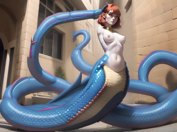 woman, ((no arms)), best quality, ultra-detailed, masterpiece, finely detail, highres, 8k wallpaper, <lora:mermaid_v2:.5>, ((armless)), <lora:ArmlessGirl:1>, front view, large breast, rising, ((naga)), <lora:naga-12:1>, sneaking in the street of an ancient city, ginger hair