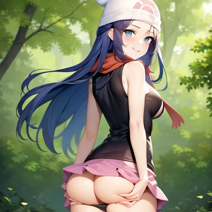 (masterpiece, best quality), 1girl, detailed face, beautiful eyes, perfect illumination, (best shadow), slim body, ((medium breast)), dawn pokemon, long hair, sleeveless shirt, black shirt, red scarf, blue eyes, dark blue hair, beanie, hairpin, pink skirt, solo, happy, smile, (butt lift), detailed butt, detailed ass, butt spreading, no panty, forest, against tree, <lora:dawn_v2:1>, <lora:MS_Buttlift_Lite:.7>