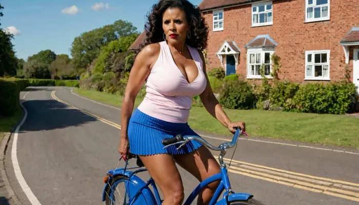 丹妮卡·柯林斯(Danica Collins),是一位性感的婆婆黑人女性,乳房巨大天然,腰部瘦小,有红色指甲油,唇红,阴毛可见,全身可见. 她骑着一辆蓝色的自行车 穿着白色的迷你裙