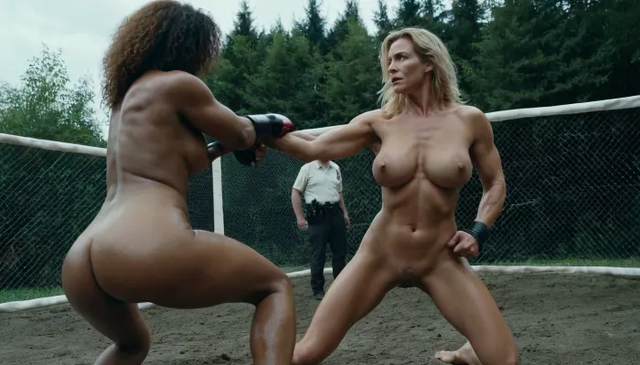 Dos mujeres, ambas a principios de los 45 años, están luchando en una jaula de combate con cuerpos completamente desnudos. El público está formado por hombres que están viendo la lucha intensamente. Las mujeres utilizan cuerpos aceitos para mejorar sus movimientos y aumentar su fuerza durante el tiempo