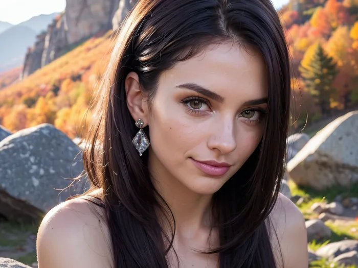 Una donna splendida con una faccia e capelli di colore nero scuro, indossando un quadro mid-shot con capelli alti coda di cavallo, orecchie aperte con grandi orecchini multicristalli di lusso altamente dettagliati, sorridendo alla fotocamera. Lei è 100%