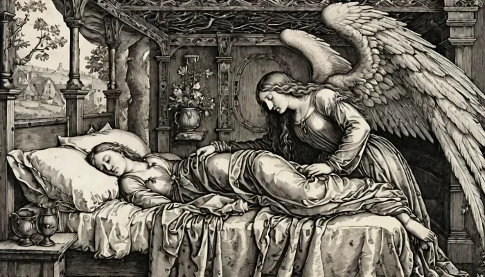 Medieval engraving, (an angel with large wings bent over a young adult girl sleeping peacefully in her bed), (There is a canopy over the bed), (engraving in the style of Albrecht Durer:1.3), high resolution, detailed elaboration of details, <lora:Modern_Twist_sdxl:.5>