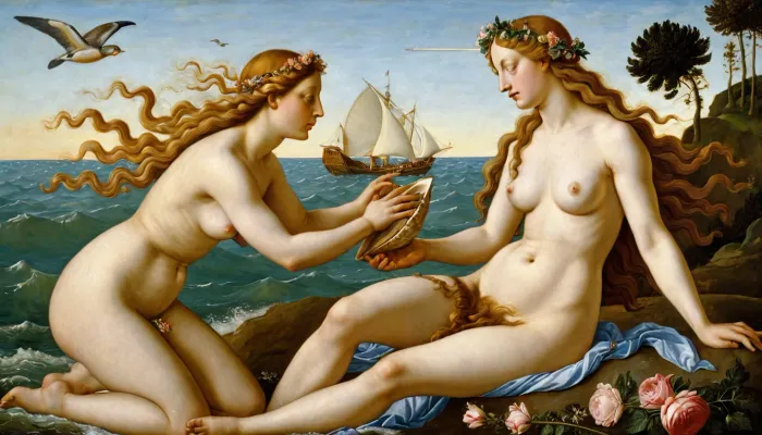 woman, painting Sandro Botticelli, famous painting The Birth of Venus from, The naked goddess swims to the shore in the shell of a ribbed heart or scallop, driven by the wind. On the left side of the painting, Zephyr, in the arms of his wife Chloris, blows on a shell, creating a wind filled with flowers. On the shore, the goddess is met by one of the graces, high resolution, detailed elaboration of details, greg, rutkowski, <lora:greg_rutkowski_xl_2:.5>