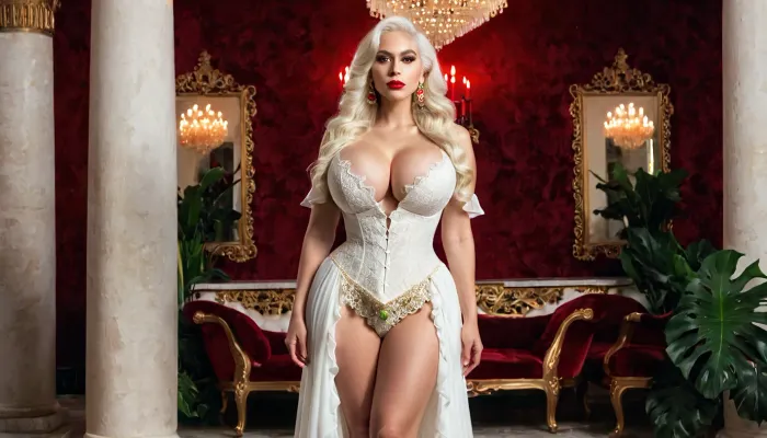 ゴールドレースとレッドフリルの長い白いドレスの女性の背が高い、彼女の顔は強い性的欲求を表現しています。 彼女の目は大きくて角が、明るい赤の口紅が彼女の魅力に追加されます