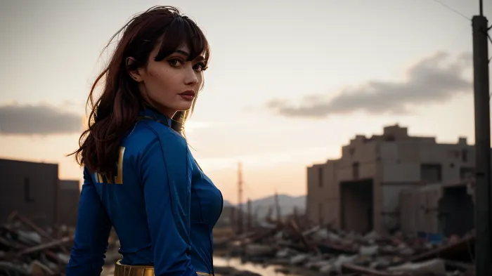 A woman with long hair and a black bangs, wearing a vaultsuit with pipboy3000 on the back, standing in a ruined city. She is professionally color graded and has high quality 8k ultra detailed pictures. The woman is wearing an