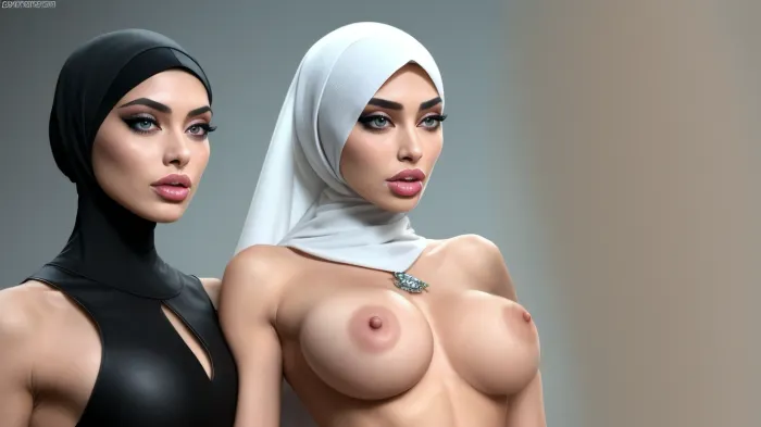 woman, 18 year old supermodel, (skinny:1), (full hijab), nude dress, (muscular:1), full body view, 8k, ultra hd, tits, thick eyebrows, long eyelashes, (big lips:1.2), <lora:microwaistV05:.5>, (staring in your soul), eye contact, ass, worship, <lora:ass_worship_v0.5a:1>