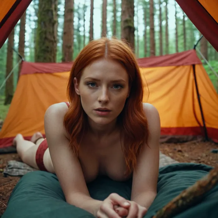 Une belle fille rousse a fait l'amour avec son frère dans une tente, dans la forêt