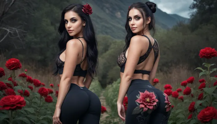yoga, yoga pants, hybrid beautiful demonic girl+infernal flower, big eyes, long eyelashes, hyperrealism, surrealism, couture fashion, photorealism, microdetalization, anus, pussy, breasts, nipples, halos, succubus, dark fantasy, Dark Botanical, dark Gothic, body art, 5d, many details, hdr, fine detail elaboration, eye focus, 128k, cinematic photo of woman, smile, rear view, look back, view ass