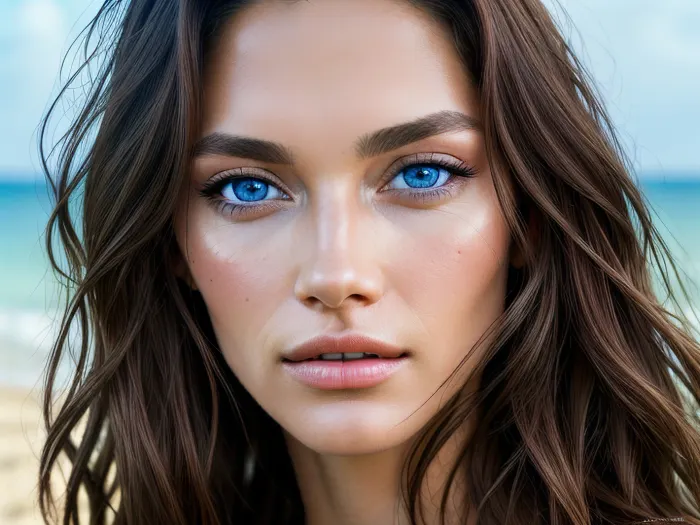 The woman in the photo was ultra-detailed, with skin that looked like it had been sculpted by a master. Her eyes were perfectly shaped and her hair was perfectly styled. She stood at the beach with waves in the background, looking straight