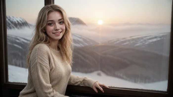 La femme sur la photographie est assise seule dans un train luxueux avec une large fenêtre, bénéficiant du coucher de soleil enneigé. Elle a de longs yeux ondulés et noisette, avec une ligne de mâchoire définie et des caractéristiques douces. Sa peau est pâle et elle