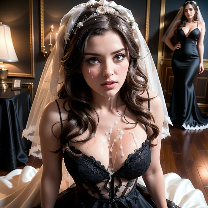 The woman in the picture is wearing a black wedding dress with lace and silk details, revealing her sexy side boob. She has a seductive face, big blue eyes, and long wavy hair. Her body is slim and curvy with