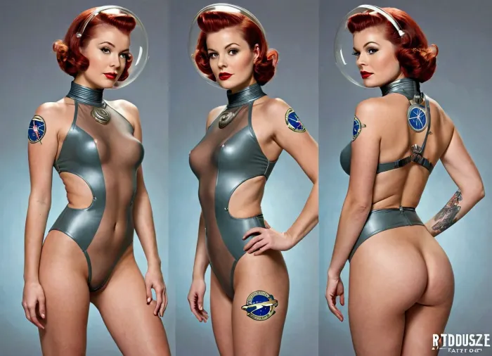 Mükemmel bir vücut ve onun birden fazla görüşe sahip genç bir kız, birden fazla kesimle asimetrik bir vücutsuit giyiyor, dövmelerini ve simetrik crotchless panty'yi ortaya koyuyor. Resim retro fikre sahiptir