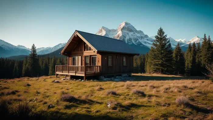 A stilt house nestled in a dense pine forest in the mountainous regions of Canada, viewed from inside the old wooden lodge at the dawn of day. The lodge, built of rustic wood, stands elevated on sturdy wooden stilts, blending harmoniously with the towering pine trees that surround it. The forest floor is covered with a thick layer of pine needles, and the air is crisp and fresh. Snow-capped mountains rise majestically in the background, adding to the serene and picturesque setting. The scene is bathed in a soft blue filter, giving it a cool, tranquil, and slightly mystical atmosphere. The sky is clear with a hint of twilight, casting long shadows and enhancing the blue tones throughout the landscape. The image features a vignette effect, adding a touch of spookiness to the scene.

Cinematic, film style with light grain and medium to heavy texture.