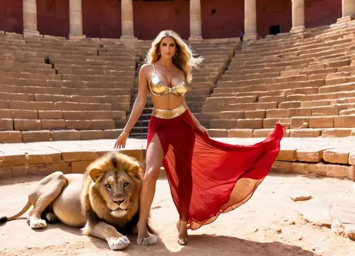 Emma Starr, a 60-year-old granny, stood on the sand wearing a crimson transparent skirt and a lion she spread her legs to expose herself. She was ready to attack the lion for him