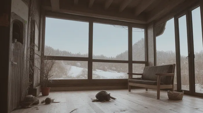 A stilt house nestled in a dense pine forest in the mountainous regions of Canada. The house stands elevated on sturdy wooden stilts, blending harmoniously with the towering pine trees that surround it. The forest floor is covered with a thick layer of pine needles, and the air is crisp and fresh. Snow-capped mountains rise majestically in the background, adding to the serene and picturesque setting. The scene is bathed in a soft blue filter, giving it a cool, tranquil, and slightly mystical atmosphere. The sky is clear with a hint of twilight, casting long shadows and enhancing the blue tones throughout the landscape. The stilt house, made of rustic wood and featuring large windows, exudes a sense of warmth and coziness amidst the natural beauty of the Canadian wilderness, old wooden lodge in the forest in dawn of day, inside looking outside, canadian mountains, vignette effect, spooky, Cinematic, Film, Style, film, photography, style, light, grain, medium, heavy