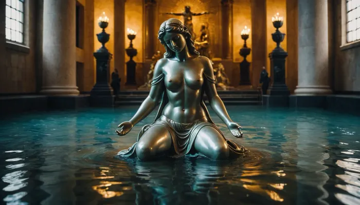 Die KI nahm ein Bild von der Statue von Lady of Justice auf ihren Knien weinen, mit der Wasserreflexion auf dem Boden und einer großen furchterregenden Statue. Die Beleuchtung war perfekt für diese Art von Fotografie, die Schaffung einer unheimlichen Atmosphäre