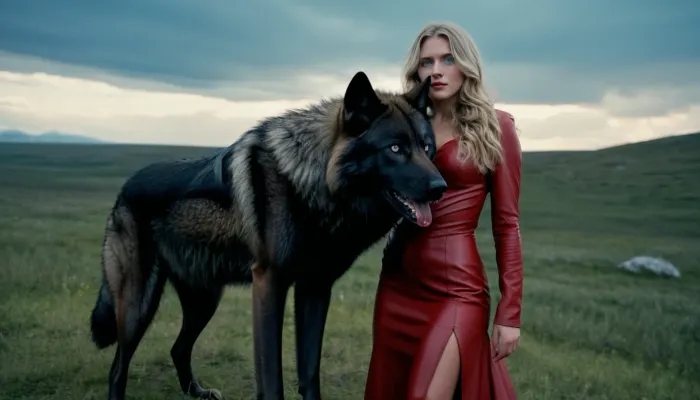 Ein atemberaubendes High-Definition-Bild eines schönen 20-jährigen Mädchens, das ein rotes Lederkleid trägt und einen gefährlichen schwarzen Wolf mit roten Augen umarmt, während er in der Tundra steht