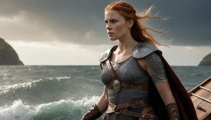 想象一个光现实主义的图像,捕捉一个凶猛的战士在长艇上的原始力量和决心,在横冲直撞的海面上战斗. 她的头发被编织成一条复杂的辫子 她抓着她的脸就决定了