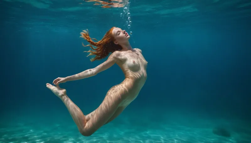 Молодая женщина, с длинными имбирными волосами и фрикциями на лице, ныряла под водой в прозрачной голубой воде. На ней было бикини, которое акцентировало ее кривые и высветило ее загорелую кожу. Когда она плыла под водой,