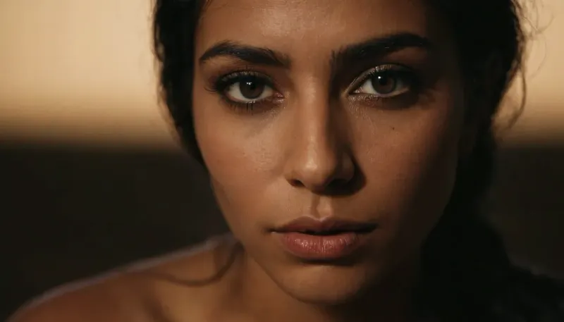 Il corpo sensuale della donna e gli occhi scuri hanno affascinato la fotocamera, rendendola una dea venire alla vita