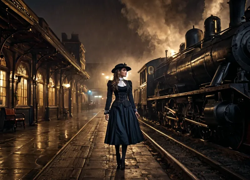 (maximum realistic scene, most realistic setting), (heavy shadows, dramatic light), steampunk style railroad station, train arriving, steam locomotive first, (late night:1.2), rainy windy whether, meet-and-greet girl in victorian dress standing around