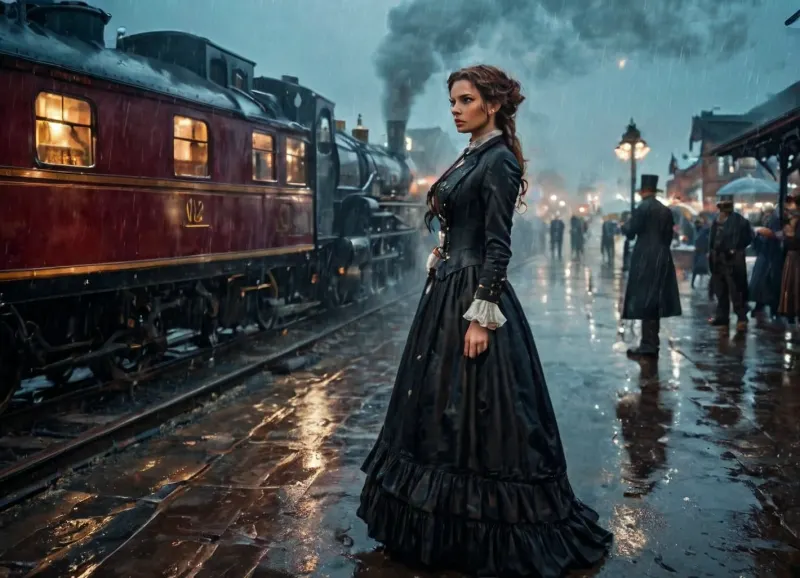 La joven con un vestido de estilo victoriano se paró, esperando que sus amigos llegaran. Todos tomaron fotos juntos cuando el tren se metió en la estación, y luego corrieron hacia sus características de estilo al vaporpunk