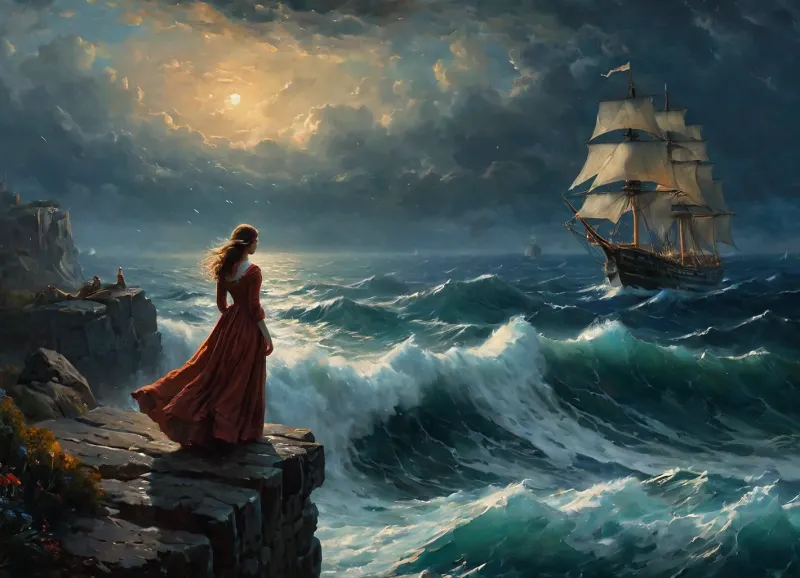 A menina no vestido ragged medieval manchado e rasgado estava no alto penhasco acima do mar, olhando para o mar. Ela estava olhando para um navio afundando na parte direita do quadro, que estava sendo massacrado por ventos altos e ondas