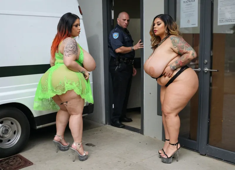 Las tres latinas con sobrepeso llevaban sus vestidos de neón y tacones de plataforma transparentes. Eran extremadamente sobrepeso, con senos salientes y piel aceitosa. El guardia estaba distraído por su belleza, pero no pudo evitar darse cuenta