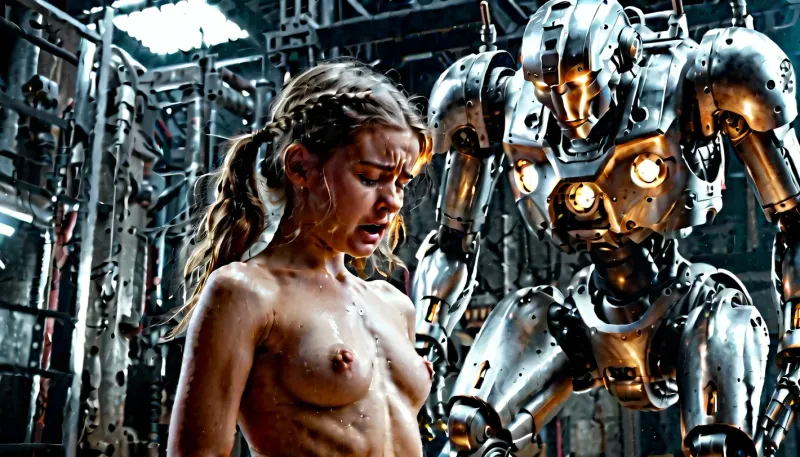 Young Girl crying, a Warrobot is fisting her pussy, see her full body, naked, big steel penis