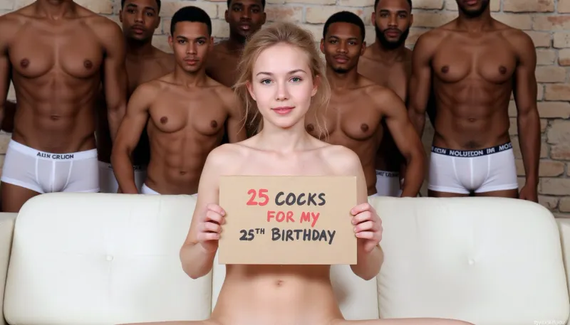 Genç kız, sarışın saç ve mavi gözlü, kanepede oturup kameraya bakın. 25. BIRTHDAY'ım için bir "25 COCKS" ev yapımı A3 S, kırmızı ve kara işaretli kalemlerle