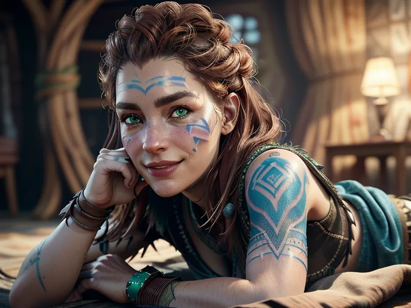 Aloy, the warrior from Horizon Zero Dawn, stands in a DSLR camera's perfect composition of lights and shadows. Her ultra-realistic facial details are captured with the highest quality DSLR camera. The picture is taken with a 32k resolution