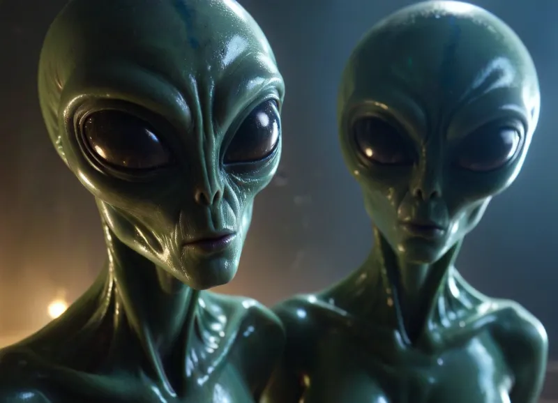 Two Aliezkin-type alien monsters are behind them, <lora:alienzkin-sdxl:.5>