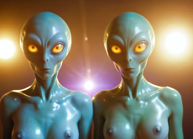 Two Aliezkin-type alien monsters are behind them, <lora:alienzkin-sdxl:.5>