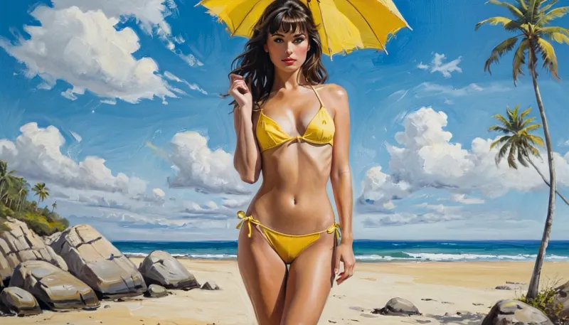 The woman in the painting is wearing a yellow bikini and standing on a beach with palm trees and a yellow umbrella. She has long dark hair, is looking directly at the camera with a sultry expression, and is holding an airbrush abstract figurati